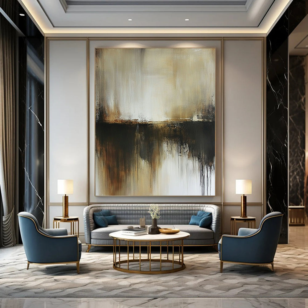 Contemporary hand-painted abstract art in neutral browns and greys evokes a dark grungy misty atmosphere with subtle beige and white tones. DLZ0528