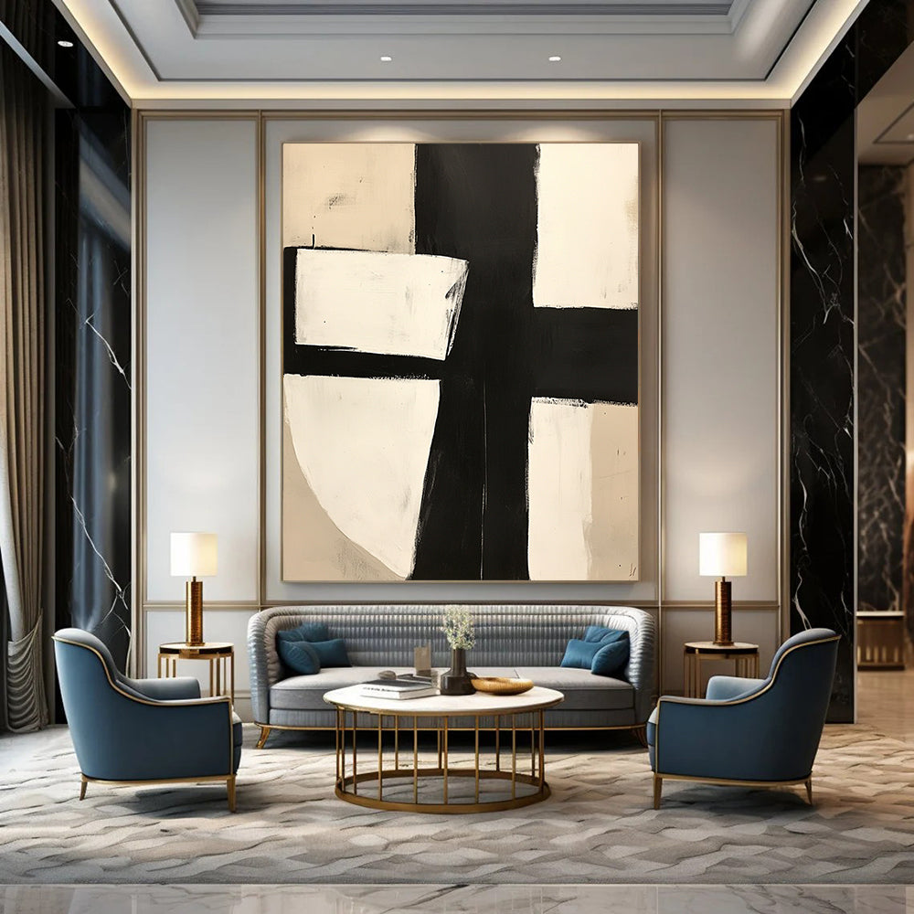 Contemporary hand-painted abstract art featuring bold black and white blocks minimalistic design with a central square and X motif. DLZ0508