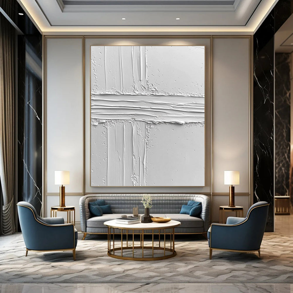 Contemporary abstract art featuring a textured white surface with an irregular line, evoking calmness and minimalism through its impasto technique and clean design. DLZ1261