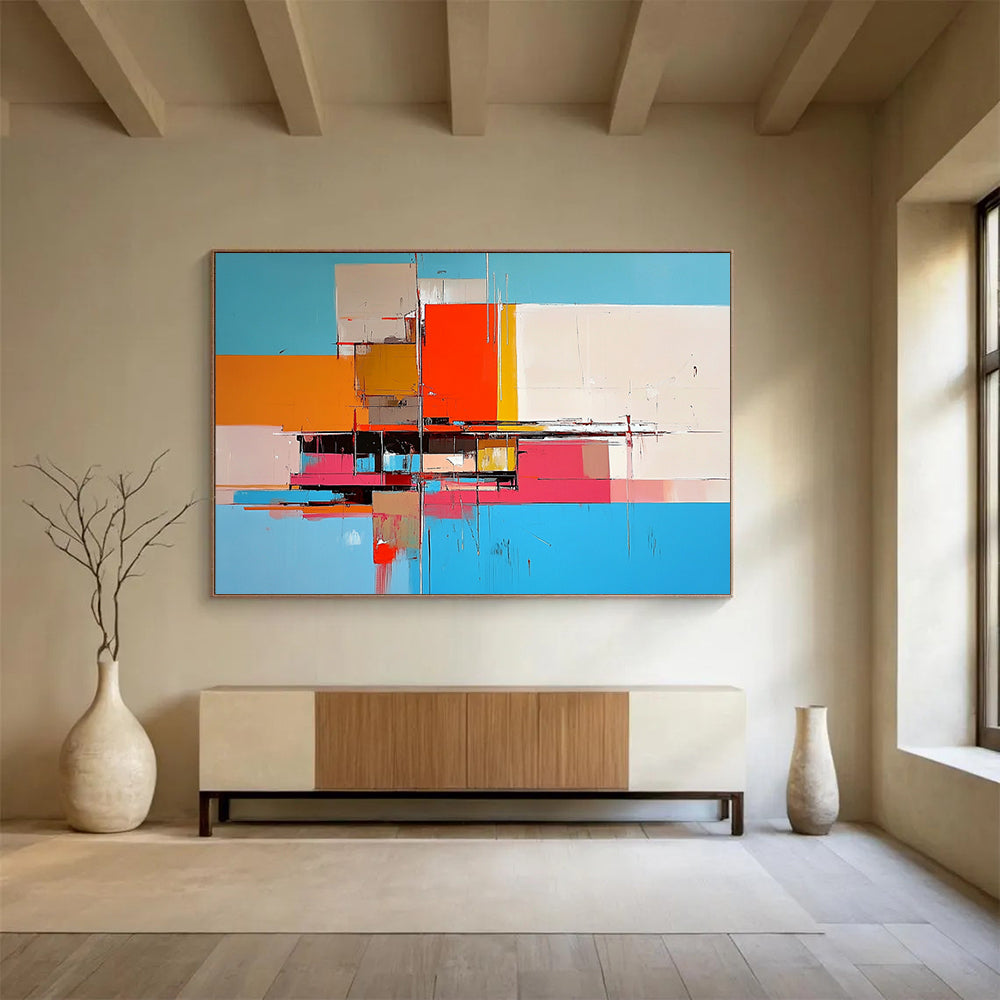 “Geometric Color Blocks” - Blue, Orange, Pink, Abstract Cubist - inspired Painting On Canvas HB1101