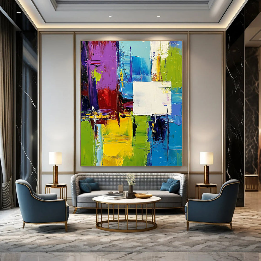 Contemporary hand-painted abstract artwork featuring vibrant green blue purple yellow palette with dynamic shapes and overlapping white squares creating depth and movement. DLZ0773