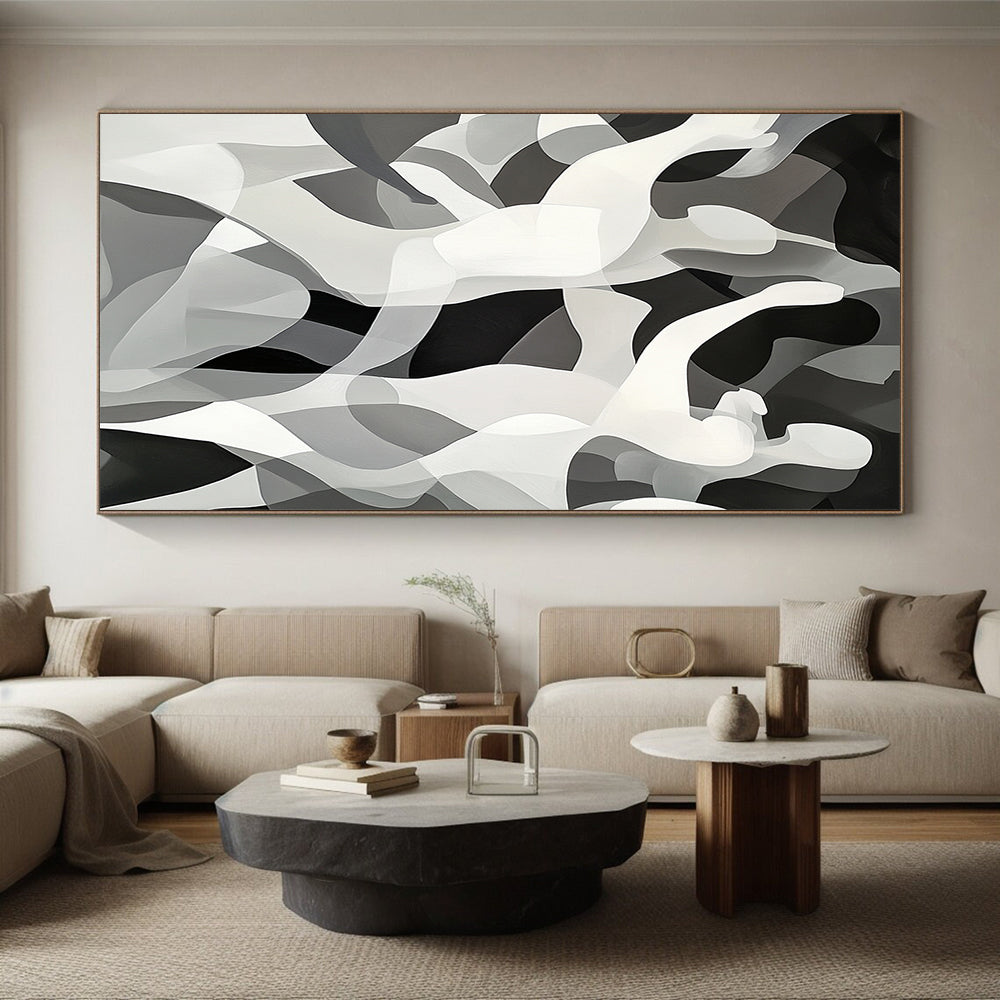 Black, White, Gray, Dancing Figures "Gilded Dance" Abstract Cubist - Inspired Painting On Canvas HB146