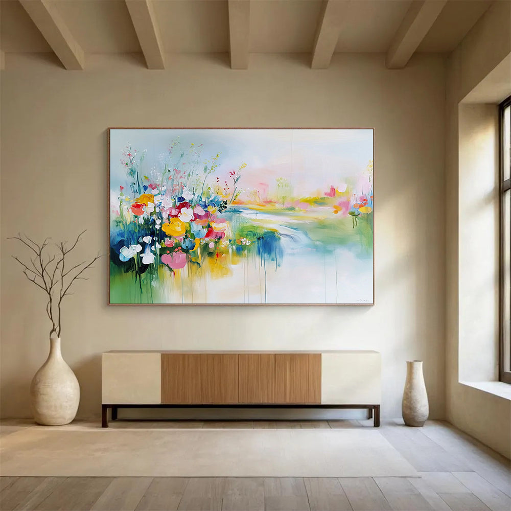 Colorful Flower Field by the River - Dreamy Abstract Landscape Painting On Canvas HB0433