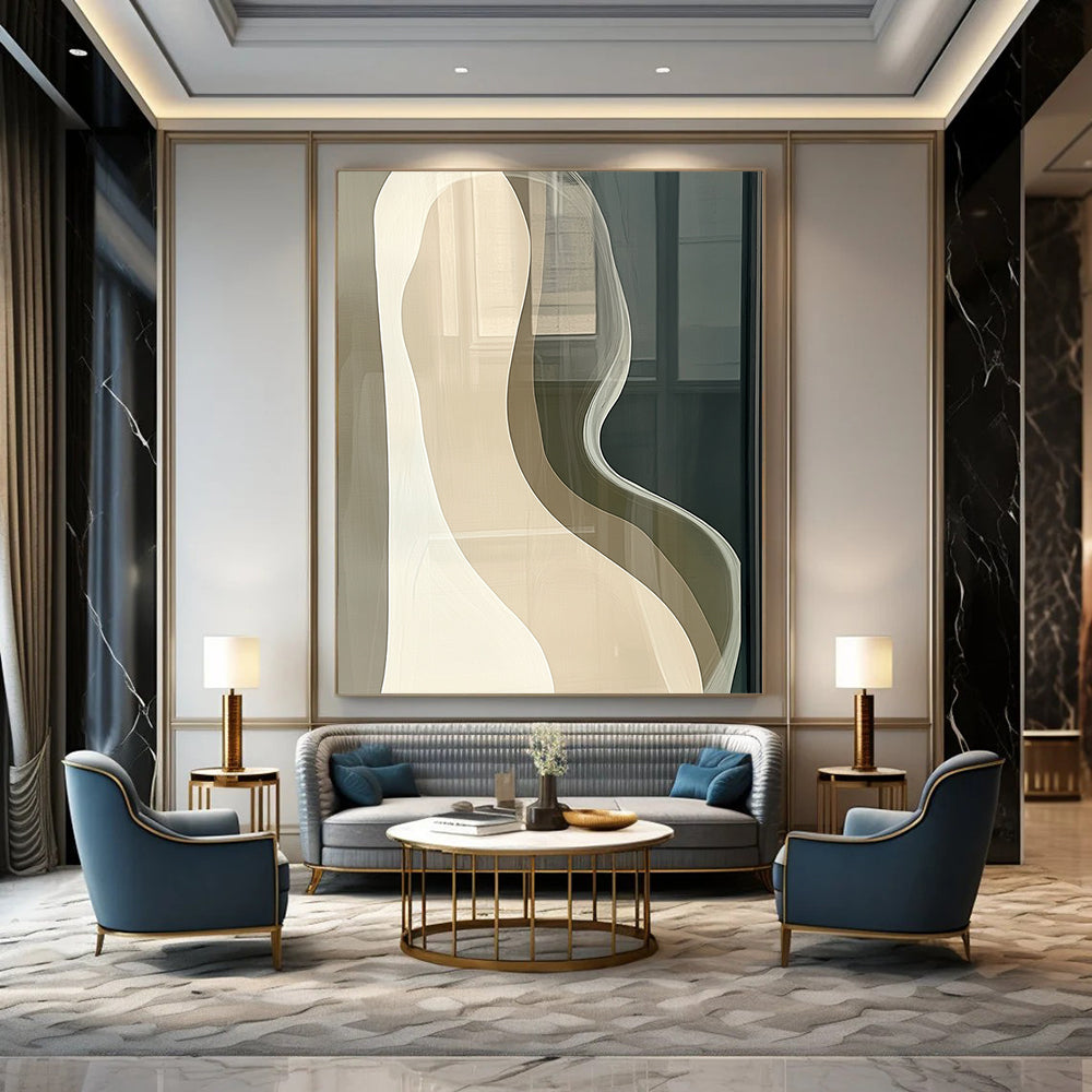 Large contemporary hand-painted abstract artwork features beige and white curved lines on a dark gray background, evoking calm minimalism for modern interiors. DLZ1189