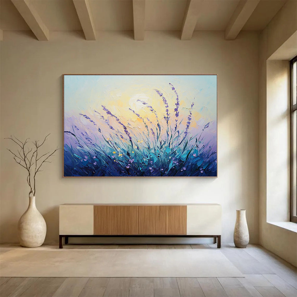 “Lavender at Dusk” - Purples, Blues, Yellows, Lavender Field - Textured Oil Painting HB1568