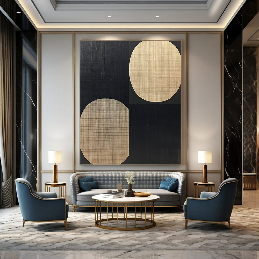 Large contemporary hand-painted abstract artwork features black and beige ovals on a warm wood grain background in a minimalist style. DLZ1600