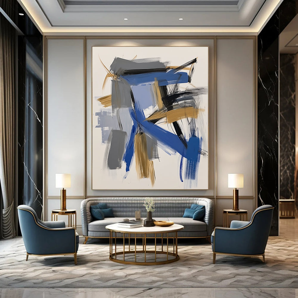 Contemporary abstract painting featuring bold blue and gold brushstrokes on white paper capturing dynamic architectural forms with expressive simplicity. DLZ0869