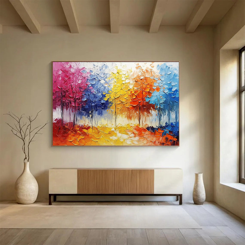 “Colorful Textured Forest” - Colorful Palette, Textured Tree Landscape Painting On Canvas HB0856