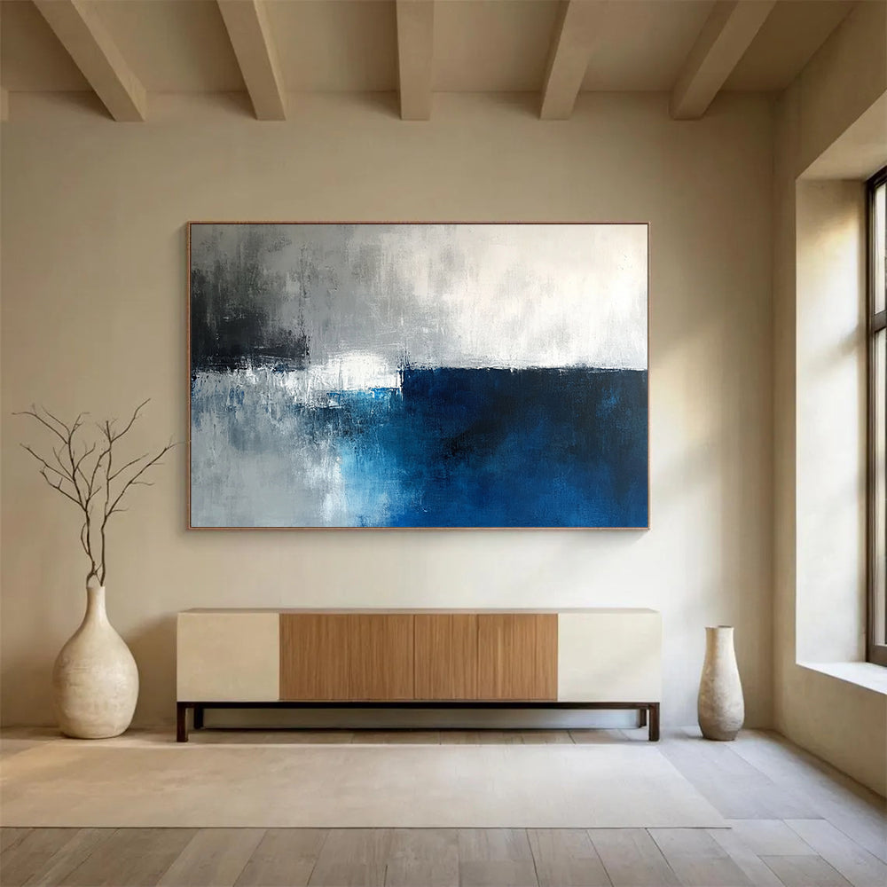 “Gray - Blue Abstract Horizon” - Gray, Blue, White, Horizon Line Painting On Canvas HB0839