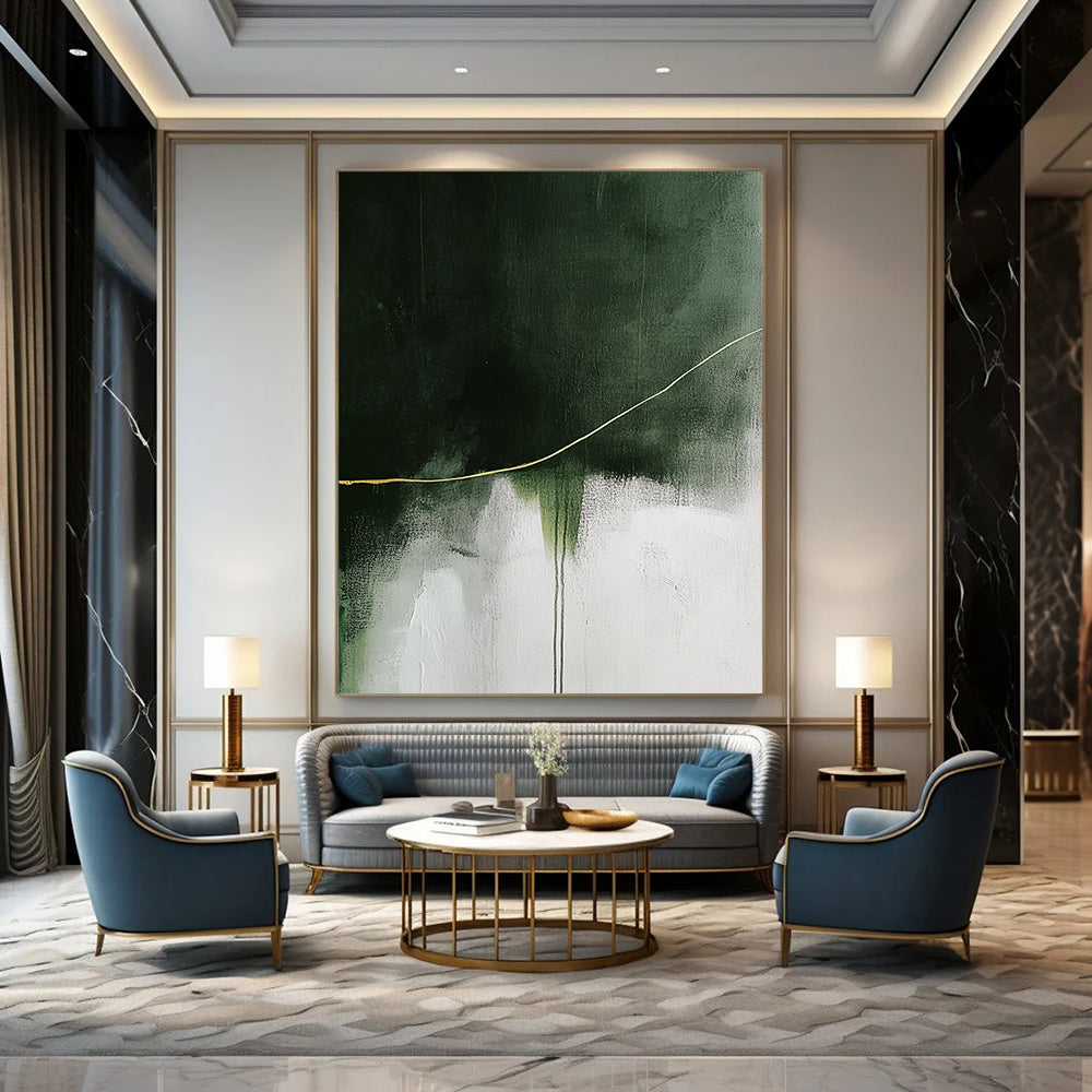 Contemporary abstract painting featuring a striking yellow line on a textured white and green background enhancing depth and visual impact. DLZ0847