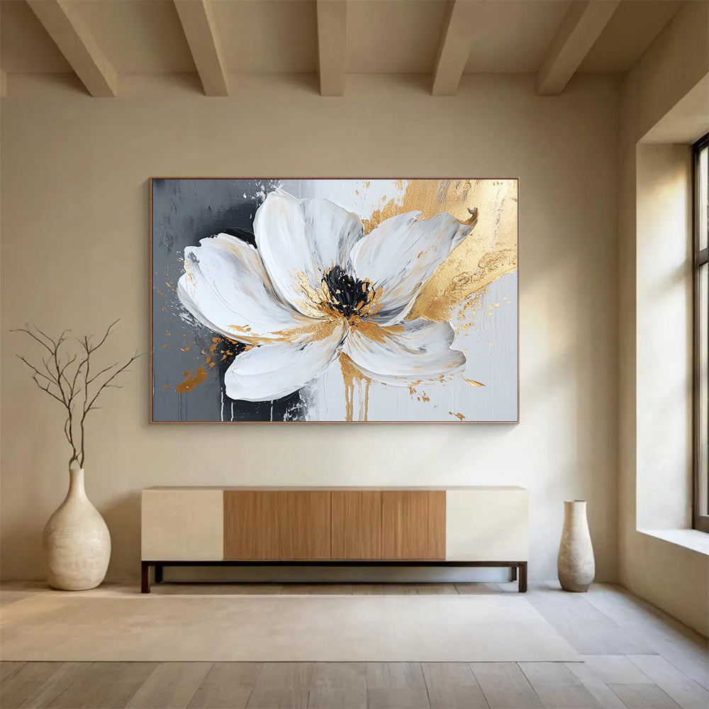 “Gilded White Flower” - White Petals, Gold Accents, Black Center, Textured Floral Painting On Canvas HB1103