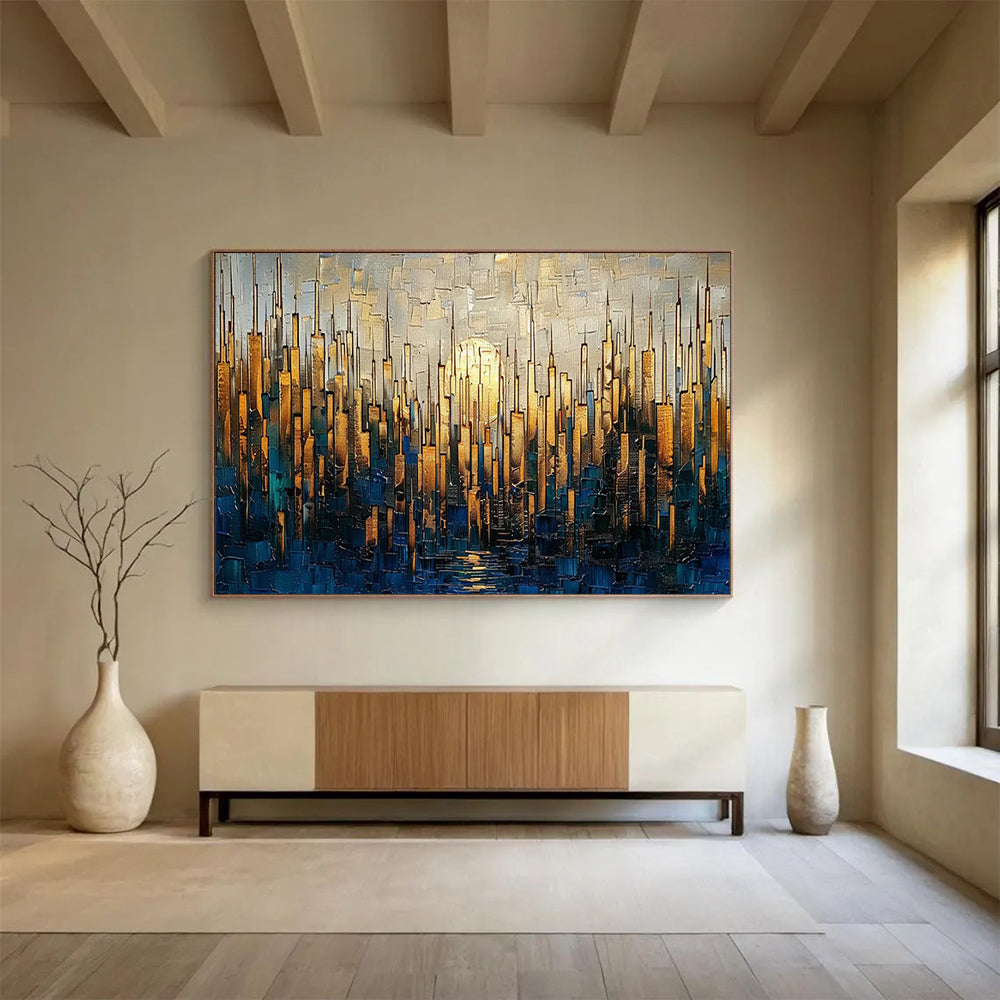 Golden Cityscape with Moon - Oversized Modern Office Art DLZ172