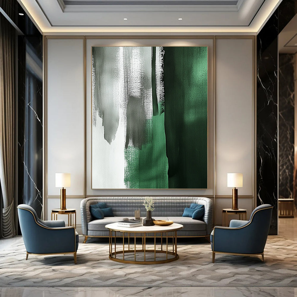 Large contemporary abstract painting featuring emerald green and gray brushstrokes with a minimalist Japandi aesthetic in a vertical format. DLZ1624