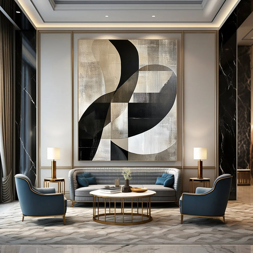 Large contemporary handcrafted abstract painting featuring gray beige and black tones with white accents smooth curves and geometric forms emphasizing negative space and light-shadow interplay. DLZ1371