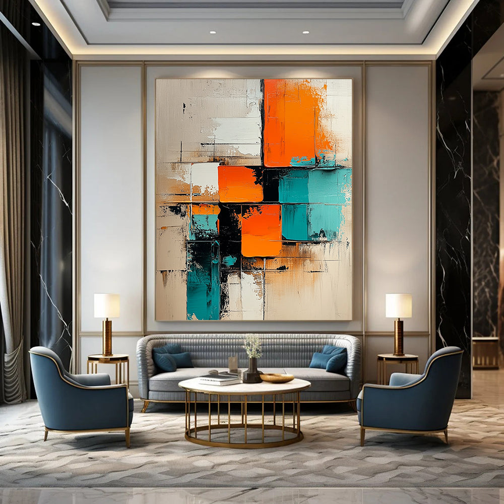 Contemporary abstract painting featuring geometric shapes in turquoise and orange on a beige background with oil paint texture on a vertical canvas. DLZ0722
