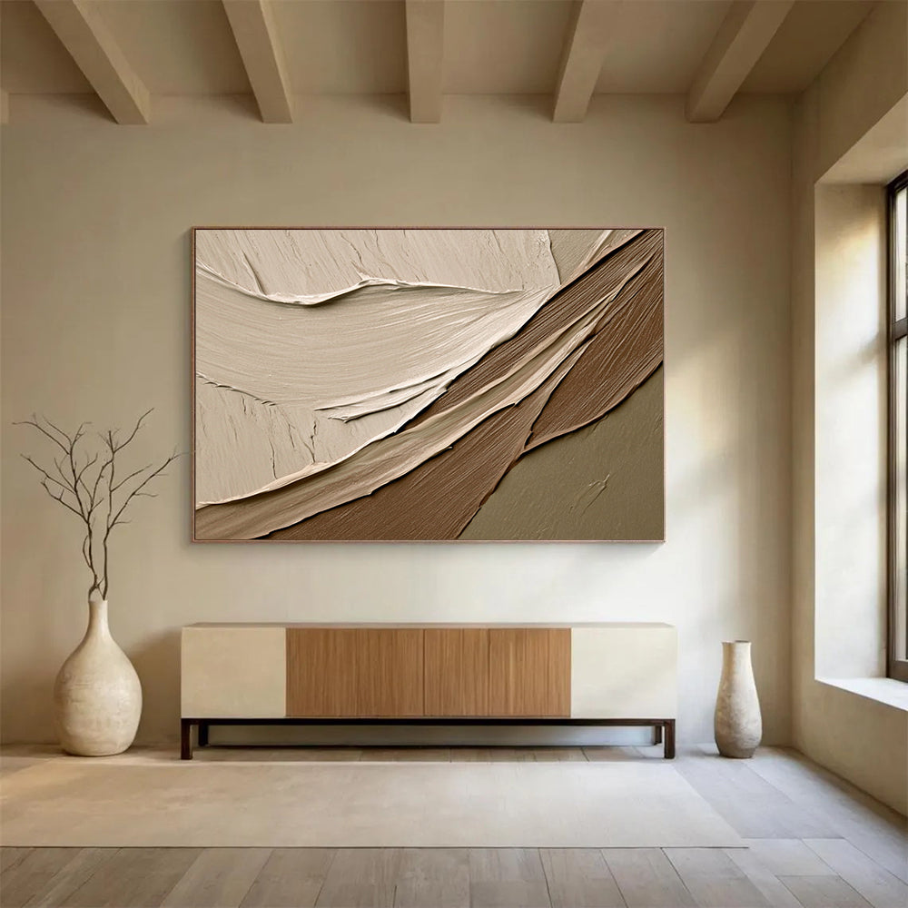 “Neutral Textured Waves” - Beige, Brown, Gray, Smooth Plaster - like Layers - Mixed Media HB1633