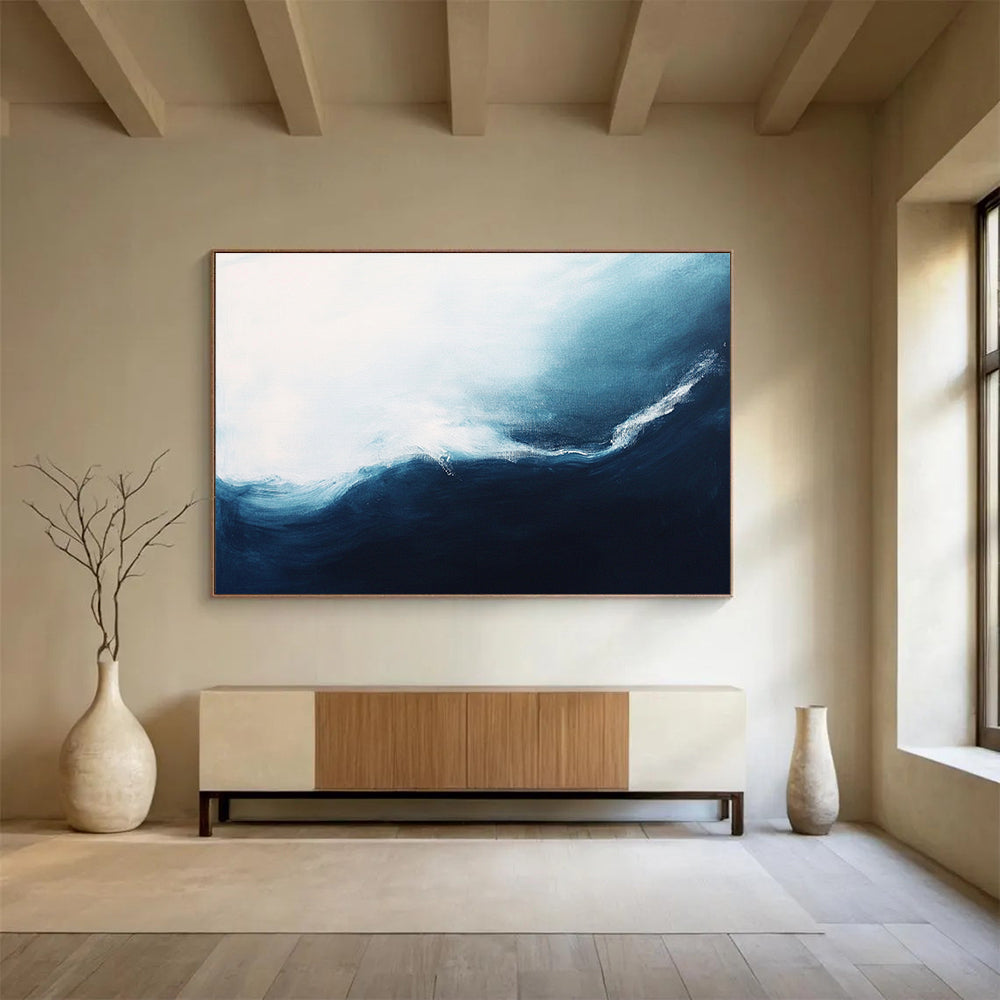 “Ocean Wave” - Soothing whites, light blues, deep navies; Abstract ocean wave; Minimalist Seascape Painting On Canvas HB1154