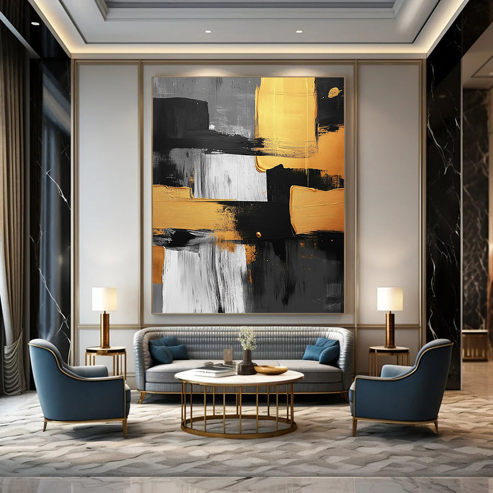 Contemporary abstract artwork featuring black white and yellow brush strokes with gold accents on a textured gray background and geometric shapes. DLZ1560