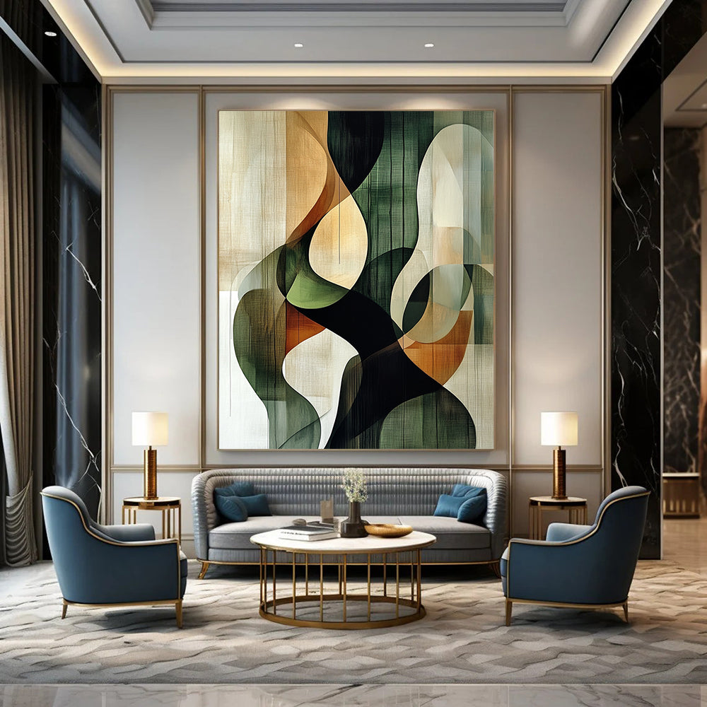 Contemporary hand-painted abstract art featuring intertwined circular shapes in green black and beige against a textured nature-inspired brown background. DLZ0994