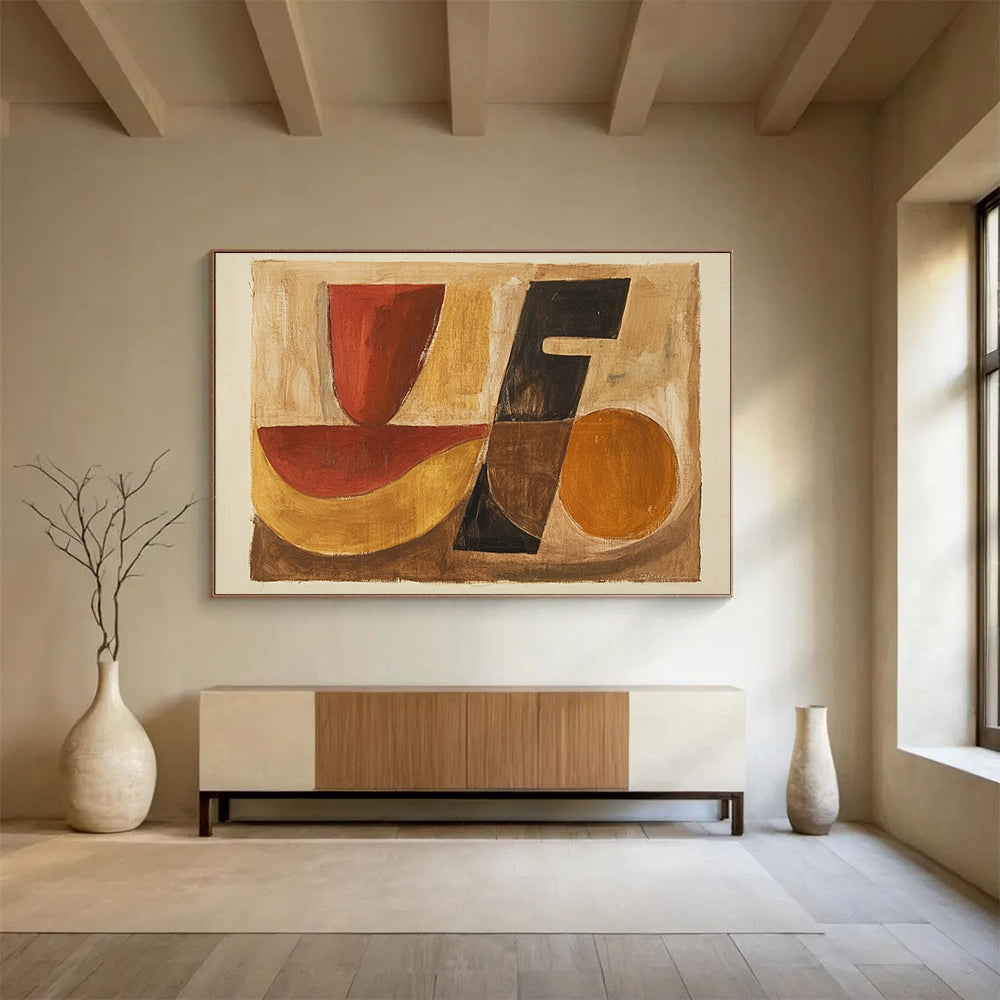 “Geometric Shapes in Earth Tones” - Red, black, yellow, brown, Abstract Geometric Painting HB0631