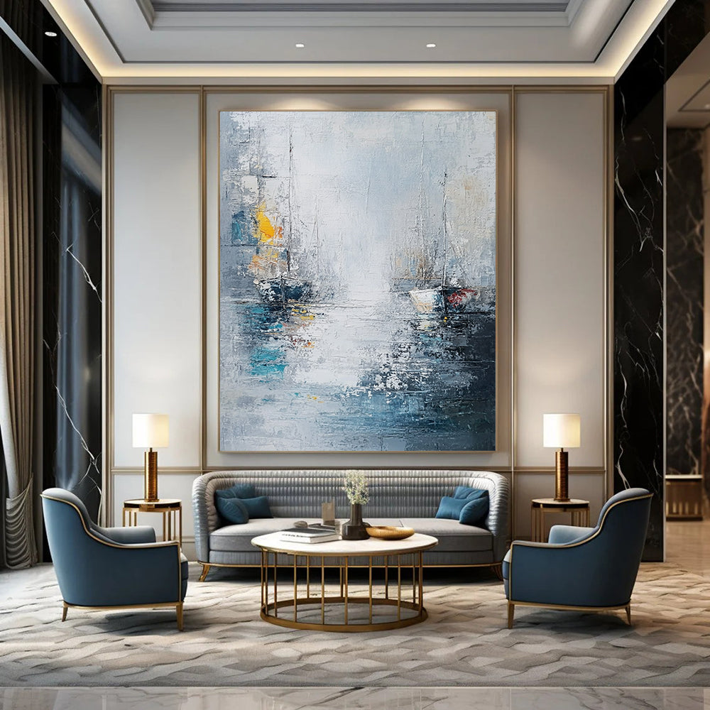 Contemporary abstract painting featuring sea and ships in a white gray blue palette with thick oil brush strokes. DLZ0636