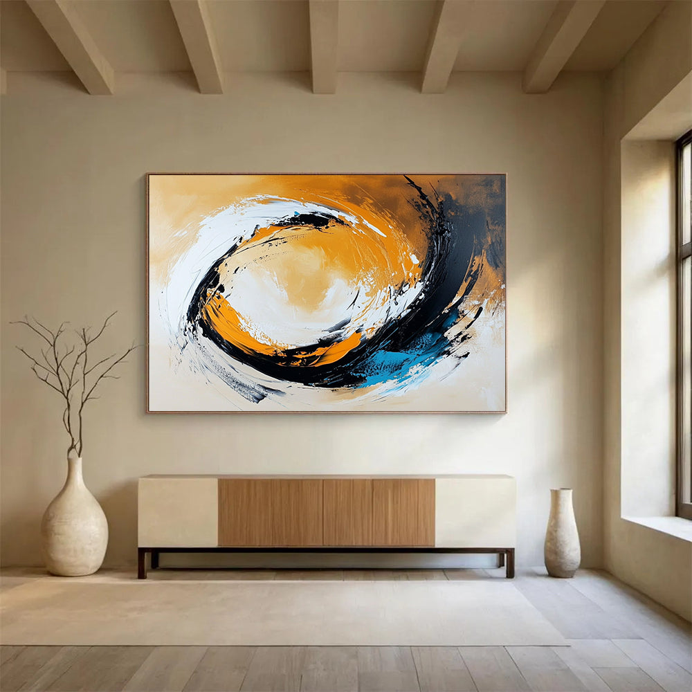 “Dynamic Swirl in Orange, Black, White, and Blue” - Orange, black, white, blue; Abstract swirling brushstrokes; Acrylic Painting On Canvas HB1232
