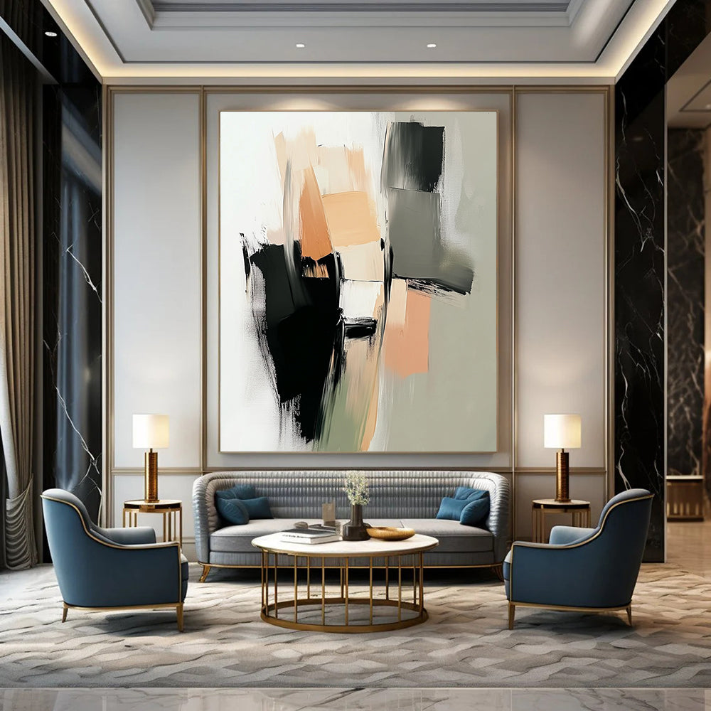 Contemporary hand-painted abstract art featuring thick brushstrokes in neutral tones of beige and black with geometric shapes and soft edges. DLZ0430