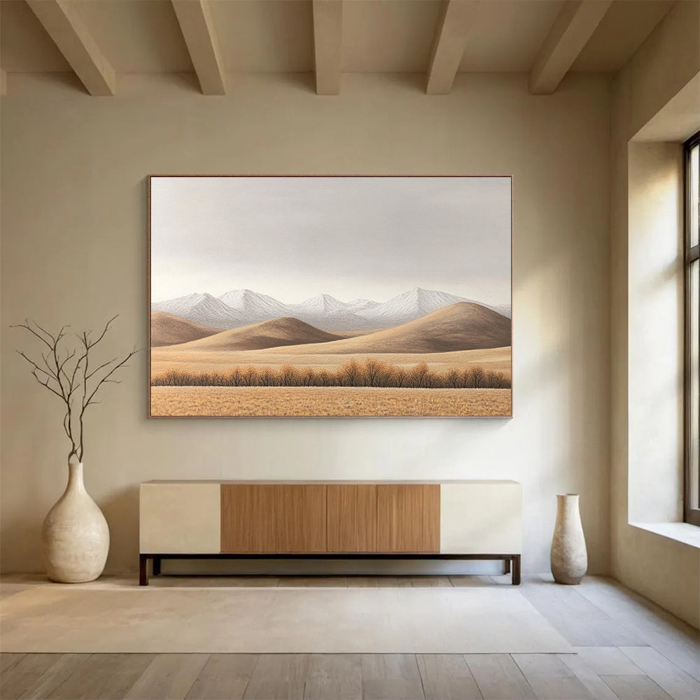 “Minimalist Mountain Landscape” - Brown, White, Gray, Simplified Nature Scene - Oil Painting HB1652
