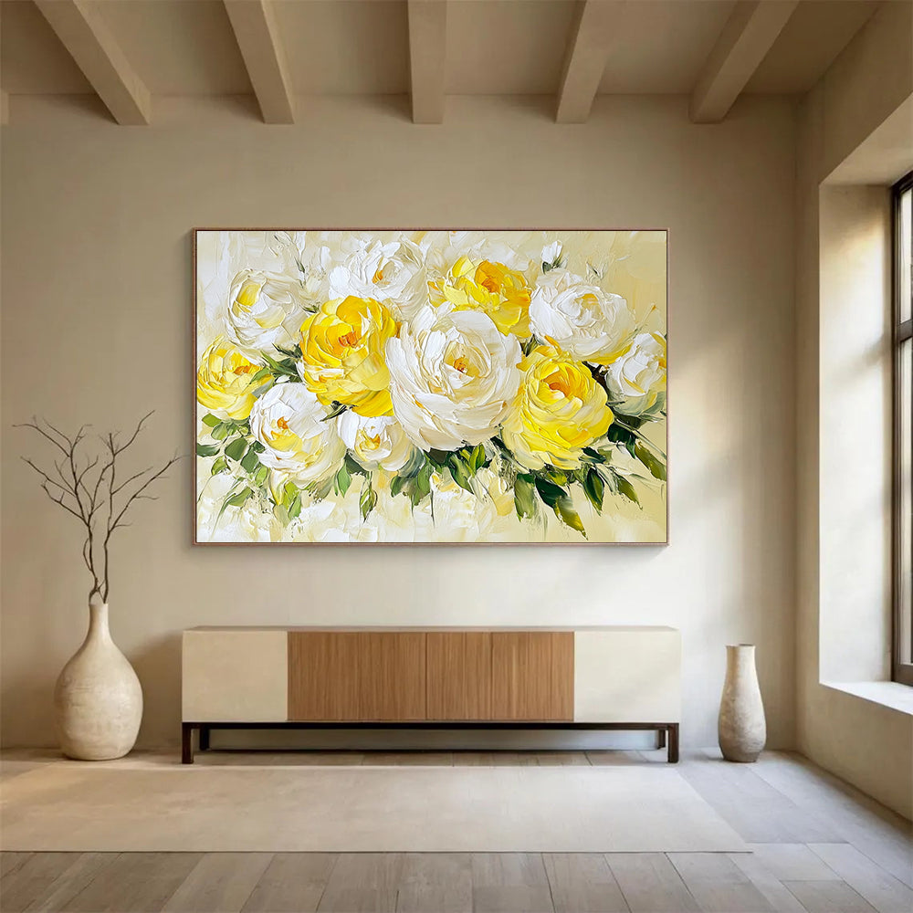 “Yellow - White Peony Bouquet” - Yellow, White, Green, Thick - textured Peony Bouquet - Impasto Oil Painting HB1778