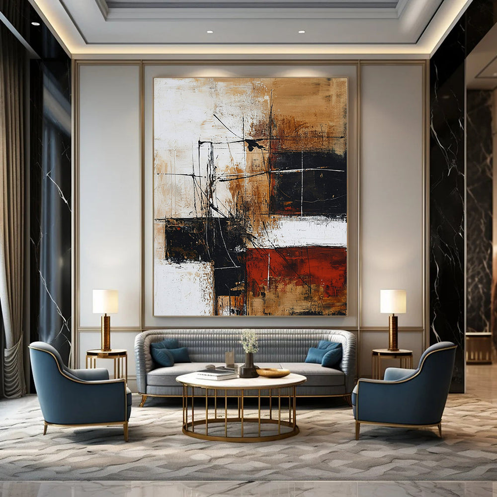 Contemporary hand-painted abstract artwork features brown and black tones on white, creating depth with interlaced shapes and loose strokes. DLZ0734