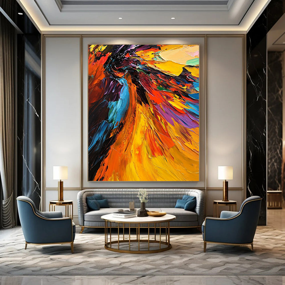 Contemporary abstract oil painting features a vivid angel with colorful wings highlighted by thick brushstrokes and dramatic lighting in a close-up view. DLZ0397