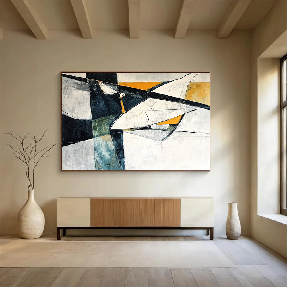 Black, White, Orange, and Teal Abstract - “Dynamic Angles” Painting On Canvas HB1453