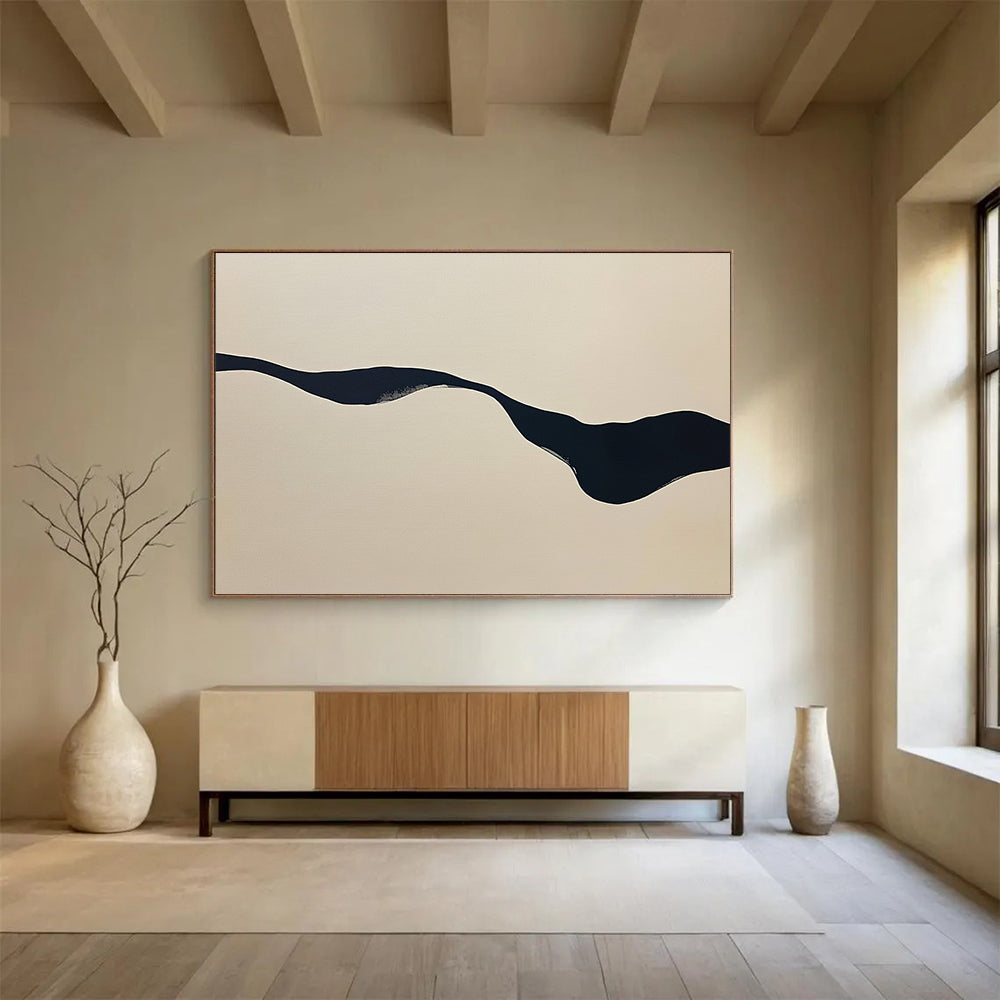 “Irregular Black Stream on Beige” - Black, Beige, Wavy Irregular Form - Abstract Acrylic Painting HB1667