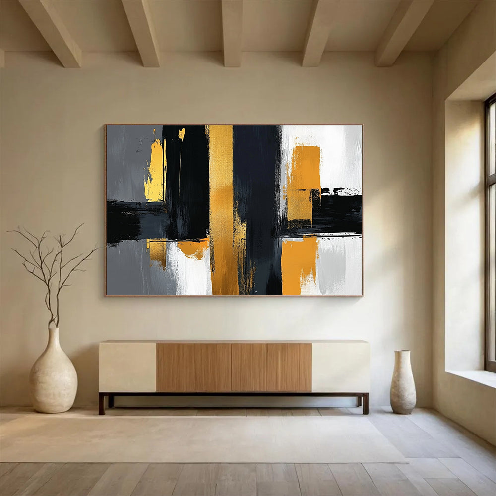“Geometric Gold - Black Columns” - Gold, Black, Gray, Geometric Columns Painting On Canvas HB0807