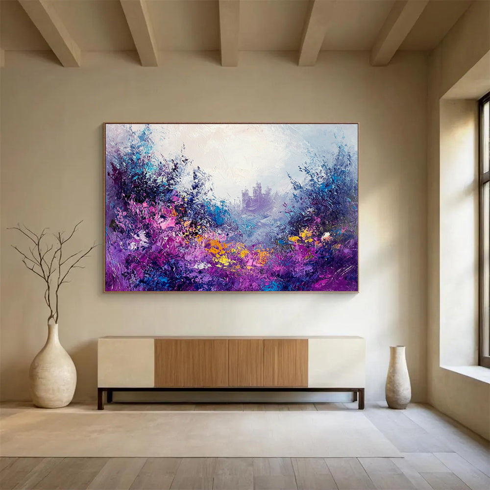 Purple - Hued Floral Fantasy with Castle - Dreamy Impasto Landscape Painting On Canvas HB0436
