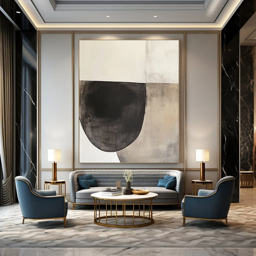 Contemporary hand-painted abstract artwork featuring an oval shape in dark charcoal and beige tones on textured white paper, inspired by minimalist design. DLZ0965