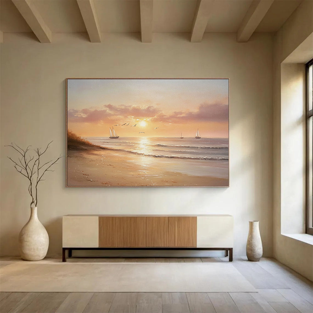 “Serene Sunset Beach” - Oranges, Pinks, Purples, Calm Beach with Sailboats - Realist Oil Painting HB1720