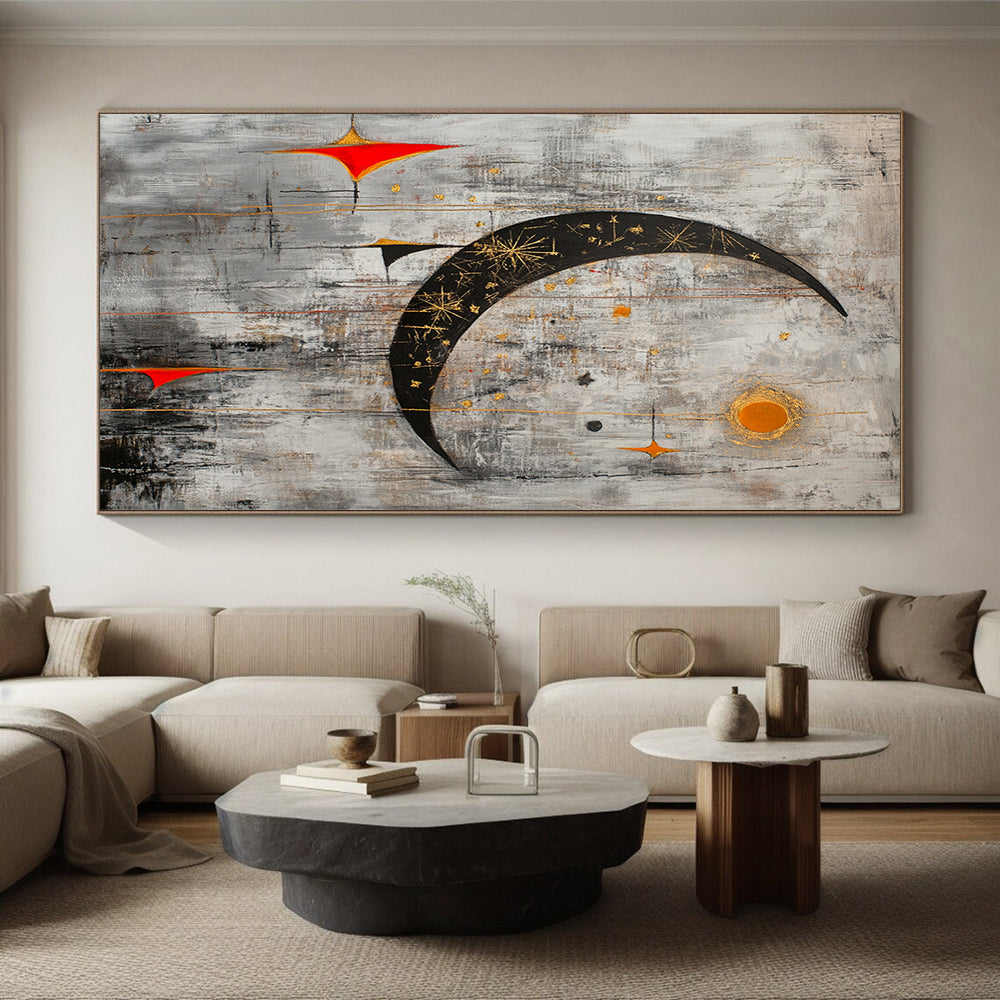 Gray, Black, Gold, Orange and Red Celestial Motifs "Starry Night Revisited" Painting On Canvas HB335