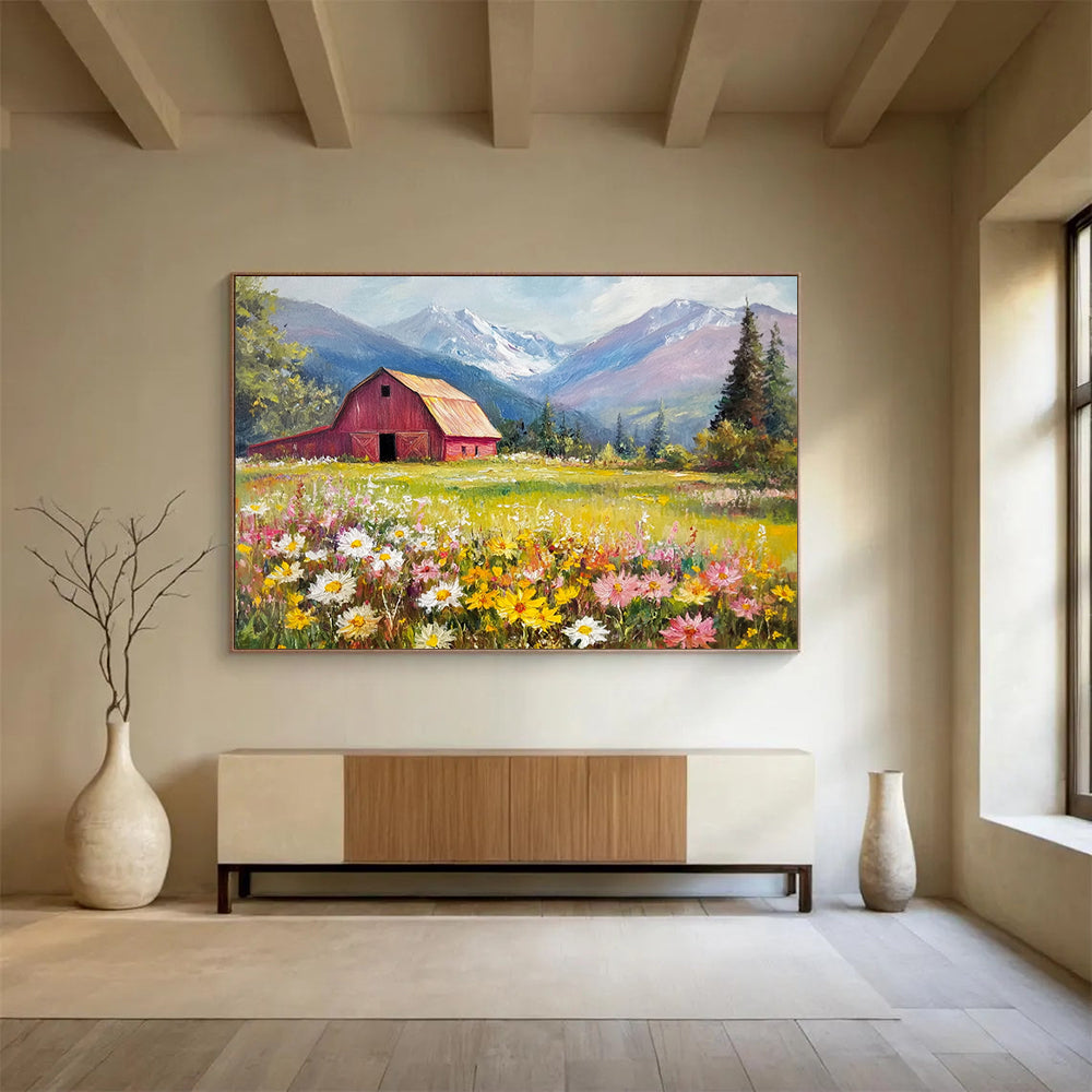 “Mountain Valley Barn” - Lush Greens, Yellows, Pinks, Barn in Flower - Filled Valley - Romantic Oil Painting HB1692