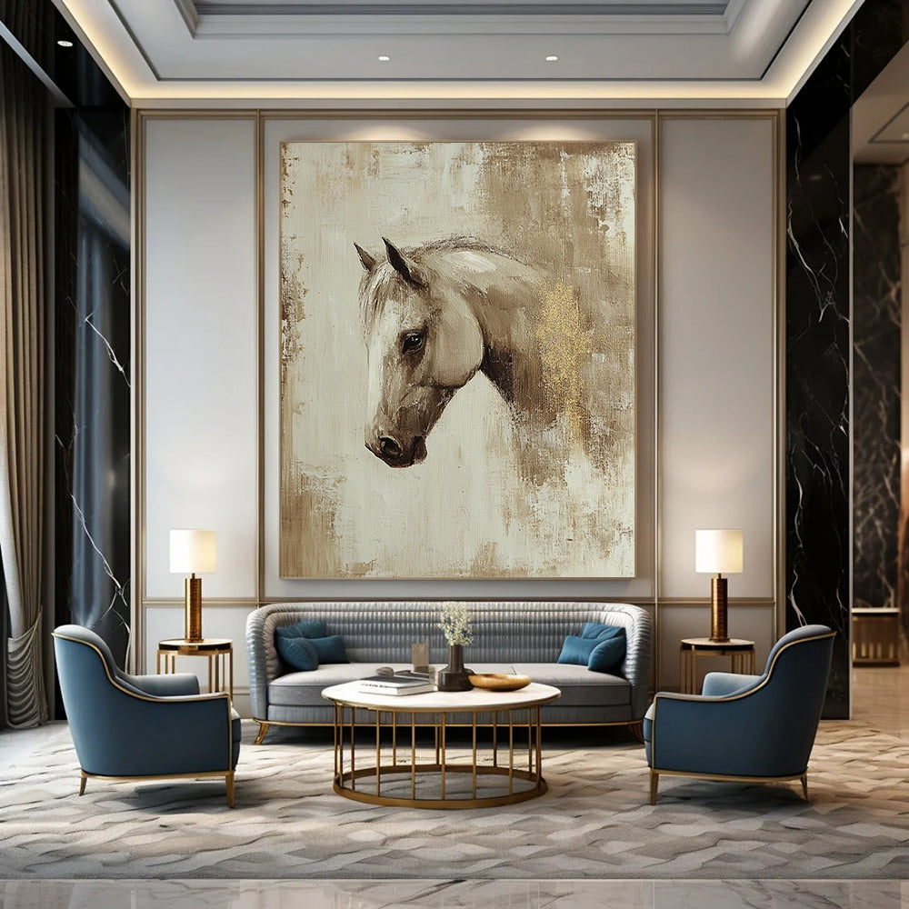 Contemporary abstract oil painting featuring a beige-toned Arabian horse profile with visible brush strokes and gold leaf detail, inspired by Richard Schmid. DLZ0895