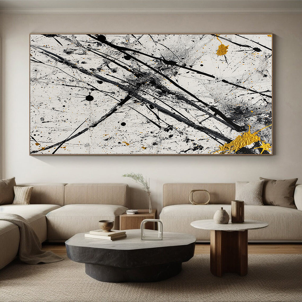 Black, White, Gray, Gold, Dynamic Drips "Starry Chaos" Abstract Pollock - Inspired Painting On Canvas HB064