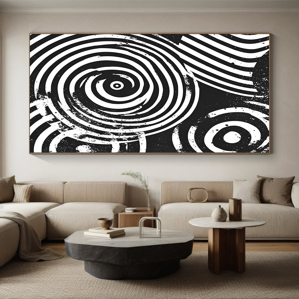 Black and White Concentric Circles "Perceptual Spin" Painting On Canvas HB284