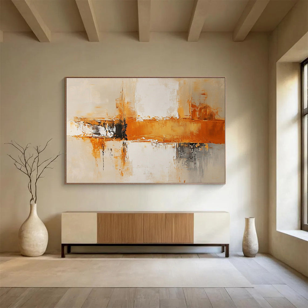 “Dynamic Orange and Gray Abstract Composition” - Orange, gray, white; Abstract dynamic brushstrokes and blocks; Acrylic Painting On Canvas HB1228