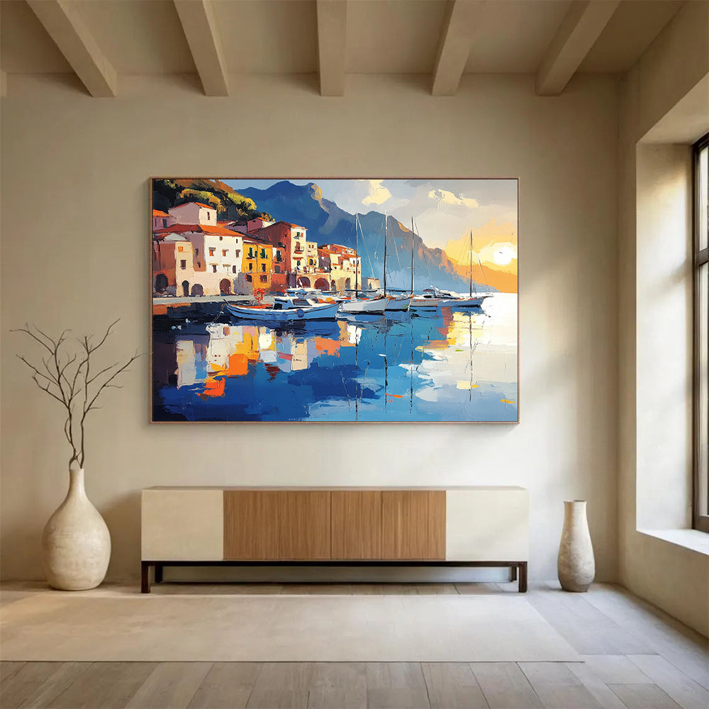 “Harbor Sunset Reflections” - Warm Oranges, Yellows, Cool Blues, Harbor at Sunset - Impasto Oil Painting HB1748