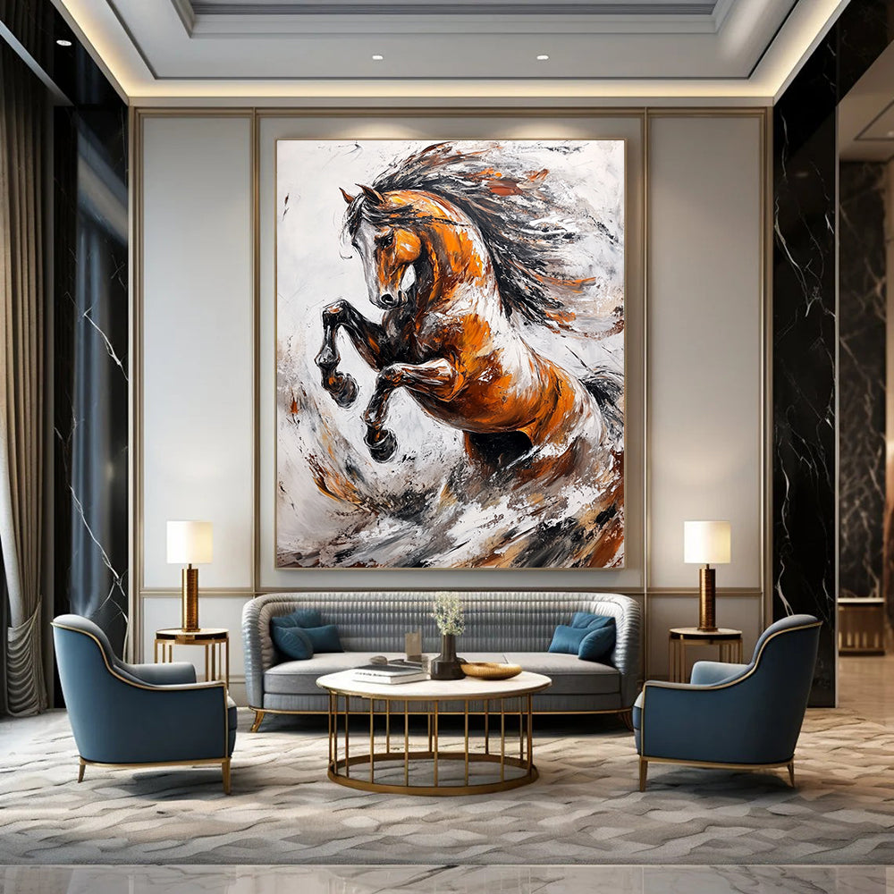 Contemporary abstract artwork featuring an elegant wild horse rearing up against splashes and waves in a dynamic light gray and brown palette. DLZ1665