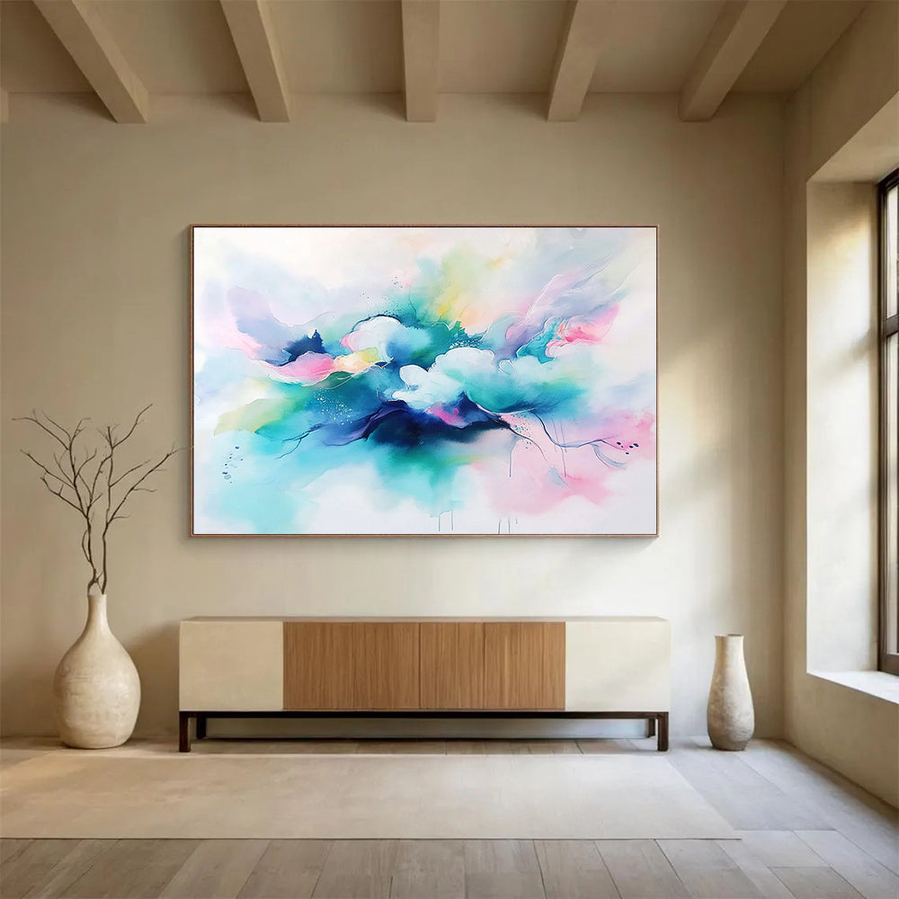 “Colorful Cloud Drift” - Blue, Pink, Green, Watercolor - like Abstract Clouds Painting On Canvas HB1046