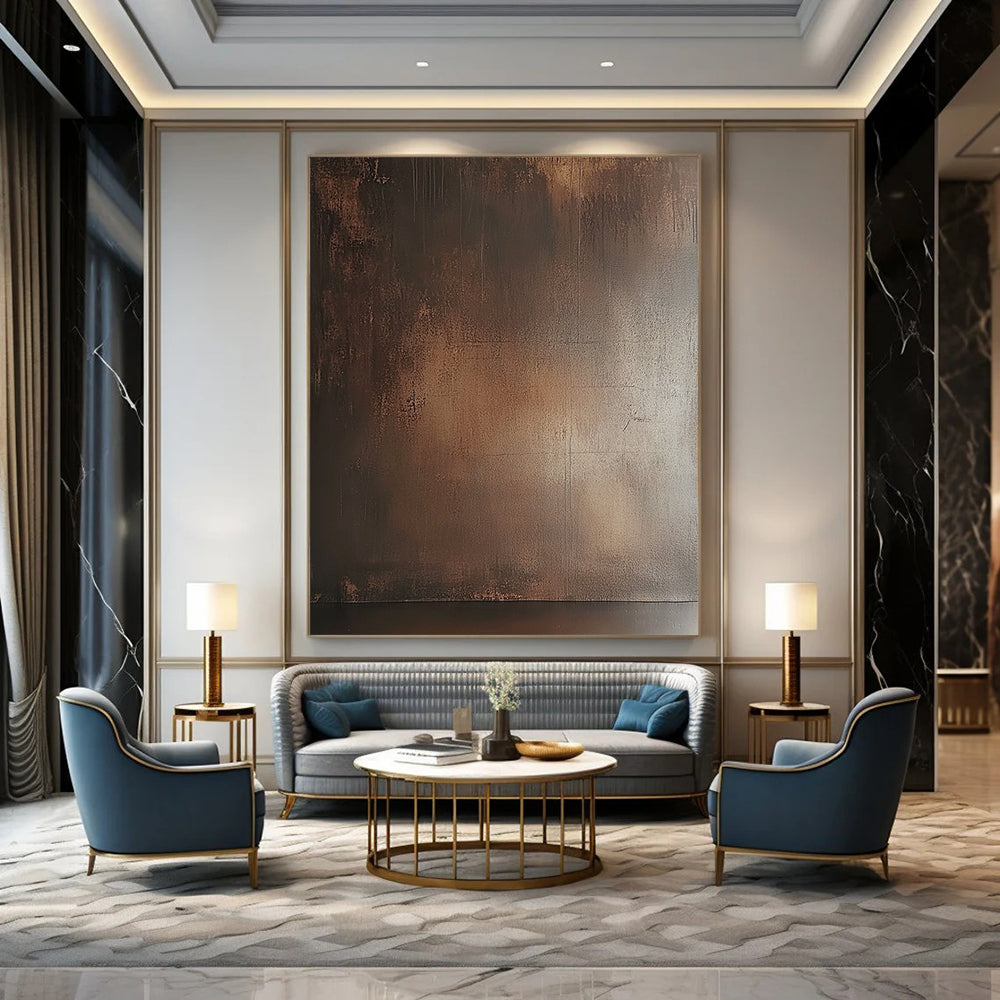 Contemporary abstract painting featuring a textured brown wall with subtle sheen and earthy tones enhancing a moody atmosphere. DLZ1690