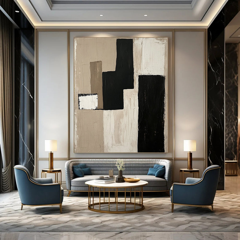 Contemporary hand-painted abstract artwork features minimalist composition with a monochromatic palette of beige black and white on unprimed canvas. DLZ0933