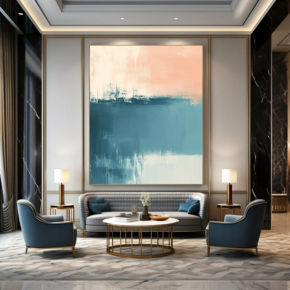 Contemporary hand-painted abstract art featuring muted blue and peach tones with soft brush strokes and a calming sea-inspired atmosphere. DLZ0554