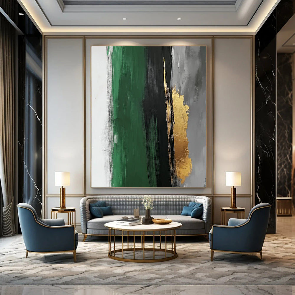 Contemporary abstract artwork featuring a striking dark grey brushstroke on white paper with subtle gold leaf accents and a minimalist design for elegant visual harmony. DLZ1330